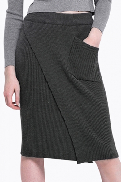 New Stylish Plain Wrap Front Knitted Midi Skirt with One Pocket