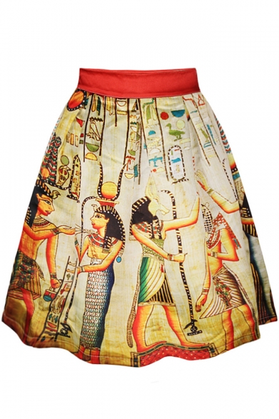 Vintage Egyptian Character Print A-Line Skirt