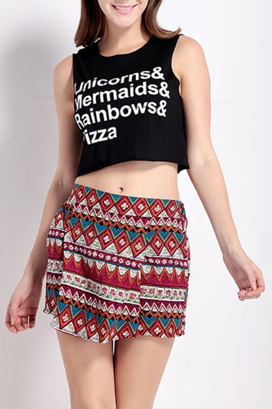 Women's Letter Printed Round Neck Short Sleeve Cropped Tank Top