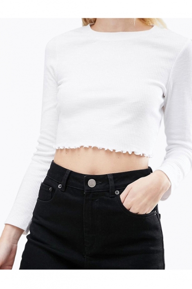 Women's Round Neck Long Sleeve Plain Cropped Pullover Sweater