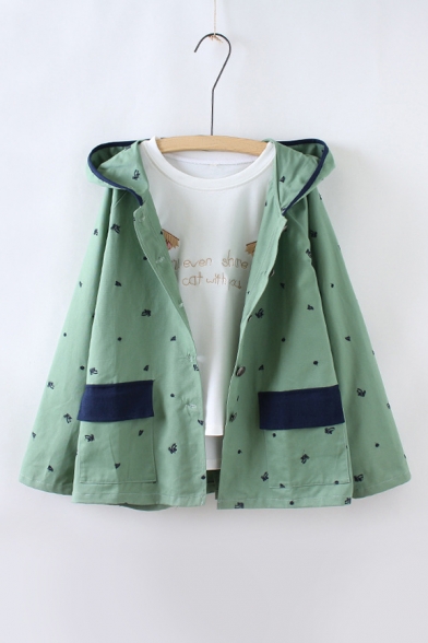 Embroidery Coconut Tree Hooded Single Breasted Color Block Coat