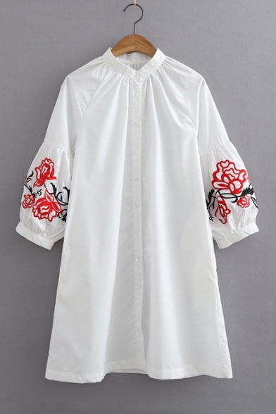 Embroidery Floral Raglan Lantern 3/4 Length Sleeve Single Breasted Tunic Shirt