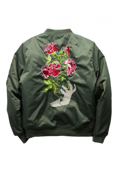 Embroidery Hand Floral Pattern Stand-Up Collar Zipper Placket Bomber Jacket