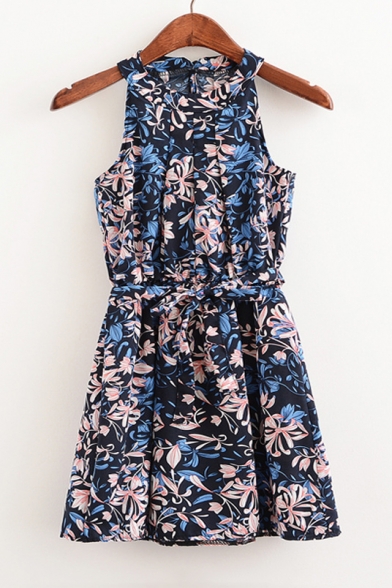 Floral Printed Color Block Sleeveless Zip-Back Mini A-Line Summer Dress with Belt