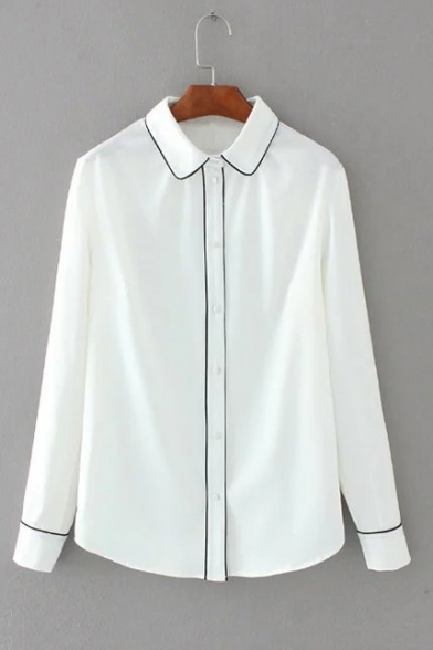 Lapel Collar Long Sleeve Color Block Buttons Down Chiffon Shirt