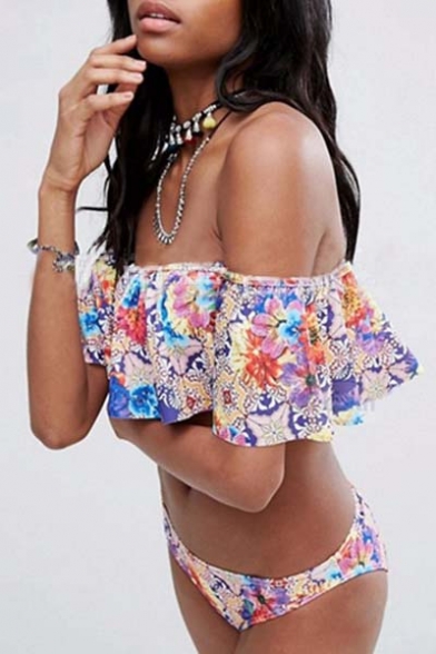 Sexy Floral Print Off the Shoulder Ruffle Hem Bikini Swimwear