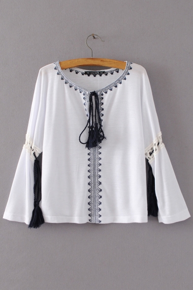 Drawstring V-Neck Cutout Bell Long Sleeve Pullover Blouse Top