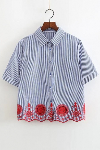 Embroidery Contrast Pattern Single Breasted Short Sleeve Lapel Shirt