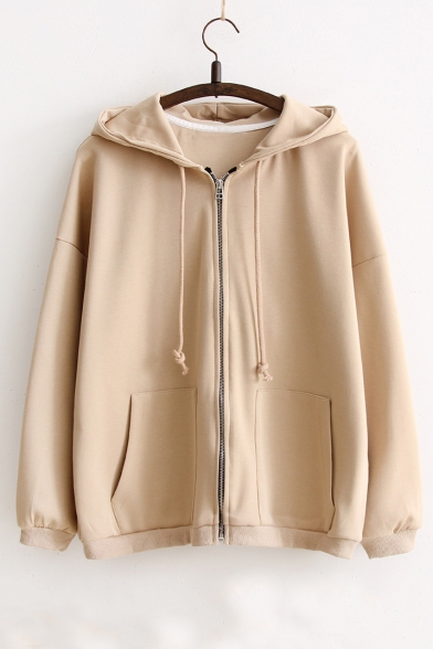 Embroidery Letter Pattern in Back Hooded Dropped Long Sleeve Zipper Placket Plain Coat