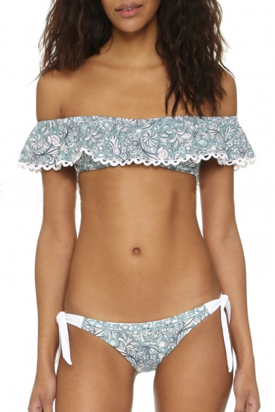Lovely Floral Trim Ruffle Off the Shoulder Printed Top String Side Bottom Bikini