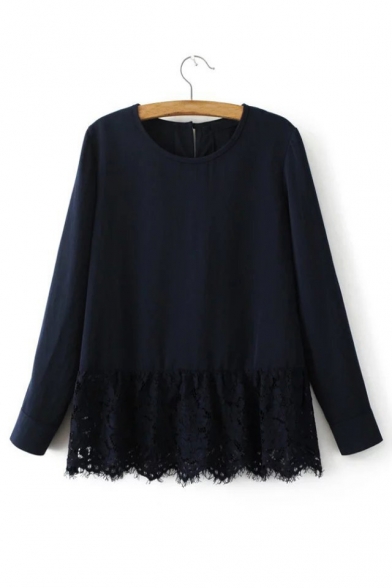New Arrival Round Neck Long Sleeve Lace Patched Hem Pullover Plain Blouse