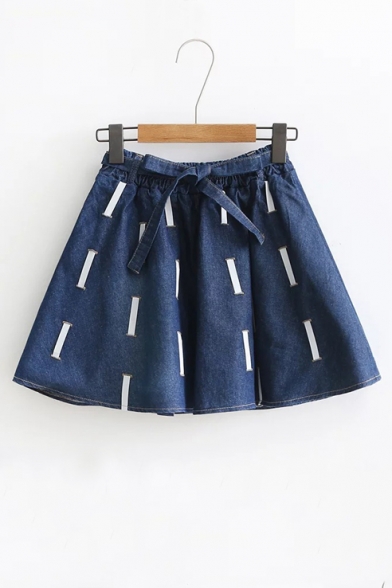New Stylish Elastic Waist Color Block Mini A-Line Denim Skirt with Belt