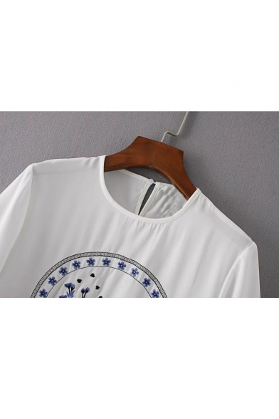 Summer Round Neck Short Sleeve Porcelain Embroidery Casual T-Shirt
