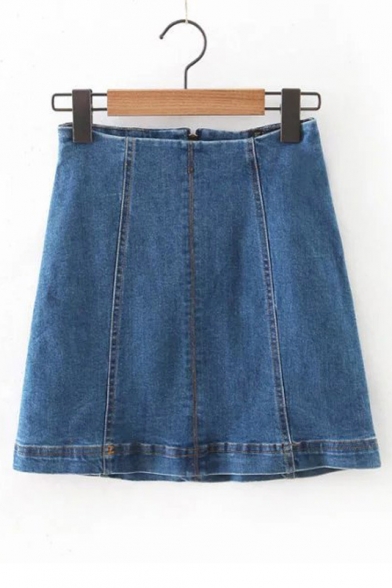 Trendy Zip-Back Mini A-Line Denim Skirt