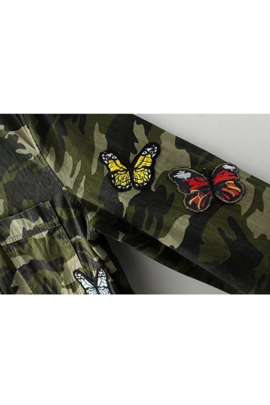Embroidery Butterfly Camouflage Color Block Single Breasted High Low Hem Shirt