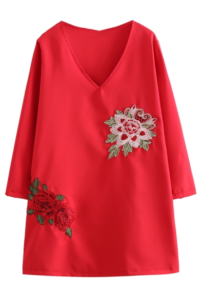 Embroidery Floral Pattern V-Neck Long Sleeve Mini Dress