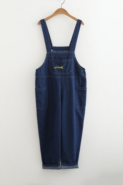 New Arrival Embroidered Oversize Casual Wash Blue Denim Overall Pants