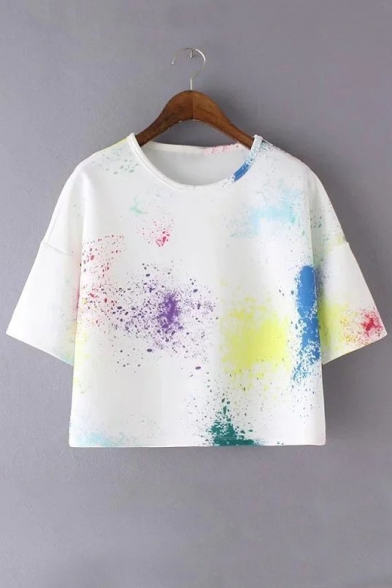 New Fashion Round Neck Short Sleeve Colorful Graffiti Cropped T-Shirt