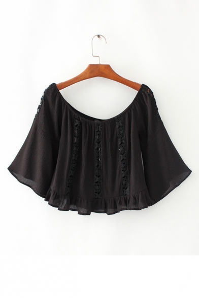 New Fashion Scoop Neck Bell Sleeve Lace Patched Hollow Out Cropped Pullover Blouse