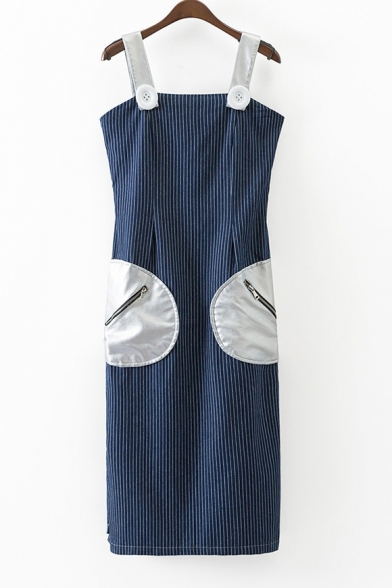 New Stylish Sleeveless Vertical Striped Zip-Back Midi Overall Dress with Zip-Pockets