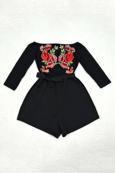 Women's Fashion Off the Shoulder Long Sleeve Sheer Floral Appliqued Tie Waist Rompers