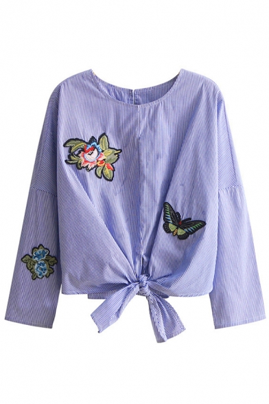 Butterfly Floral Embroidered Knotted Waist Round Neck Long Sleeve Striped Print Blouse
