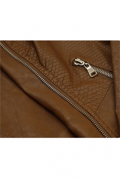 Chic Lapel Zipper Placket Long Sleeve Plain PU Jacket with Zip-Pockets