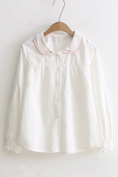 Double Layered Peter Pan Collar Single Breasted Long Sleeve Plain Shirt