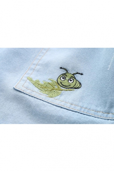 Elastic Mid Waist Embroidery Animal Pattern Denim Shorts