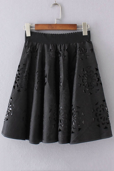 Elastic Waist Cutout Floral Pattern Plain Mini A-Line Skirt ...