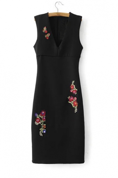 Embroidery Floral Pattern V-Neck Sleeveless Zip-Back Midi Bodycon Dress