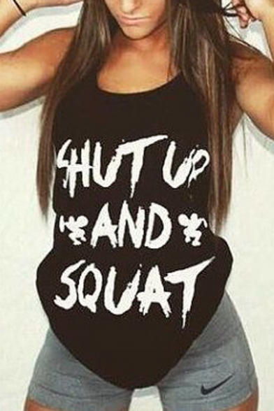 Funny SHUT UP AND SQUAT Letter Printed Sleeveless Scoop Neck Tank