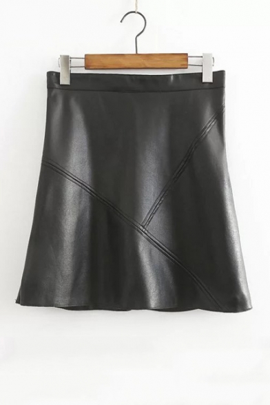 High Waist Plain Zip Back Leather Fashion A-Line Mini Skirt