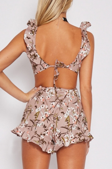 New Fashion Floral Print Plunge Neck Sleeveless Open Back Ruffle Trim Rompers