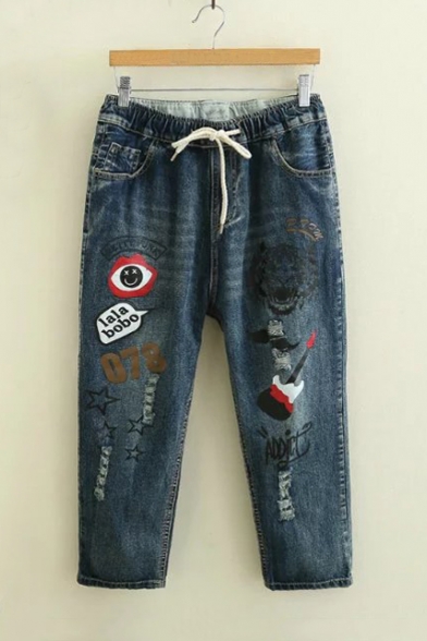 Printed Color Block Drawstring Elastic Waist Ripped Cropped Jeans