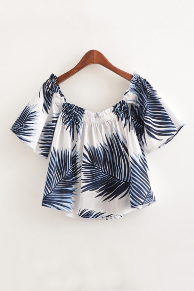 Sexy Off the Shoulder Printed Color Block Short Sleeve Blouse
