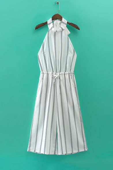 Sexy Open Back Halter Sleeveless Striped Color Block Wide Leg Jumpsuits