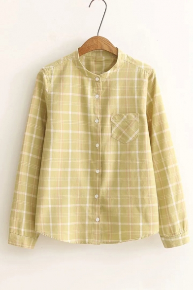 Stand-Up Collar Single Breasted Plaid Long Sleeve Blouse with One Pocket