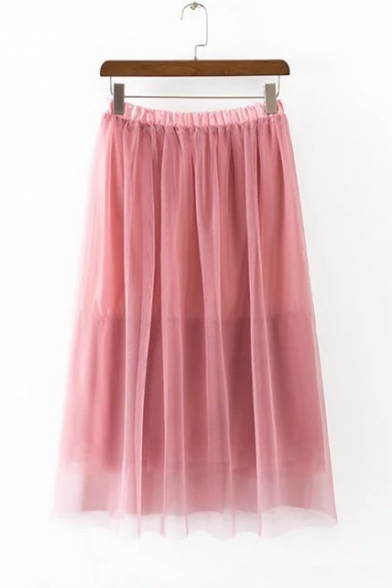 Women's Elastic Waist Gauze Patched Summer Maxi Plain Skirt