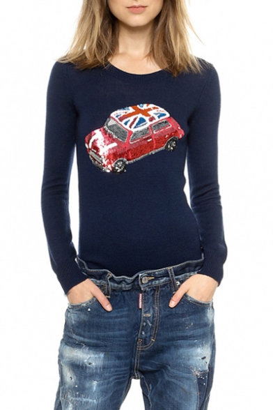 Women's Stylish Car Print Round Neck Long Sleeve Slim Knit Pullover Sweater