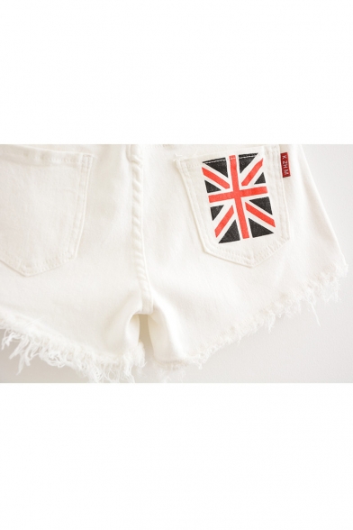 British Flag Printed Back Pocket Low Waist Tassel Denim Shorts