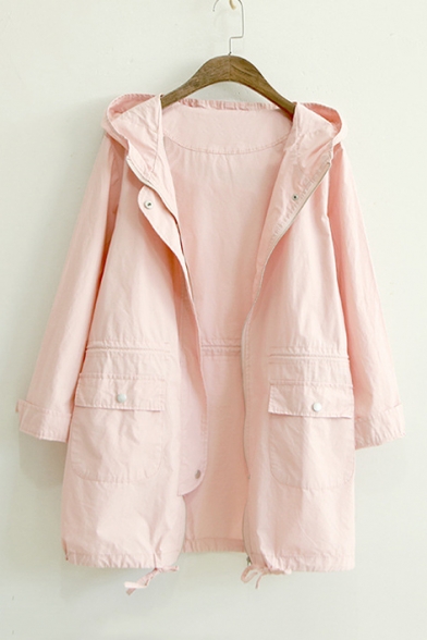 Candy Colored Hooded Zipper Placket Plain Tunic Trench Coat