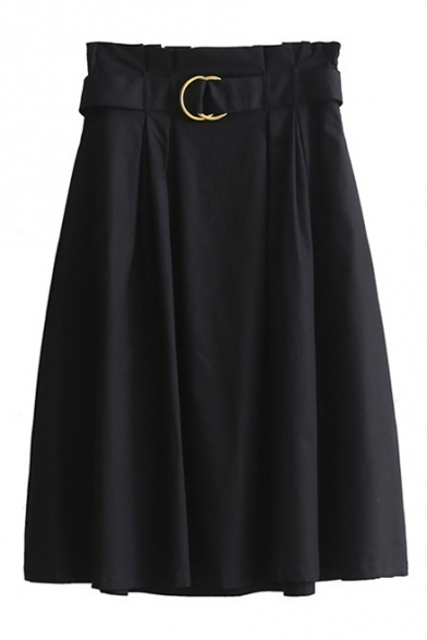 New Arrival Metal Ring Belted Waist Plain Casual Flare A-Line Skirt