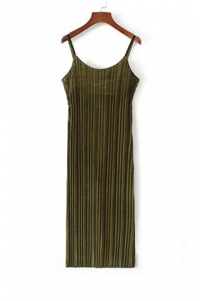 New Fashion Open Back Spaghetti Straps Velvet Pleated Plain Maxi Slip Dress