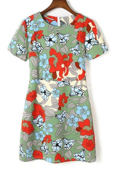 New Fashion Round Neck Short Sleeve Floral Print A-Line Mini Dress