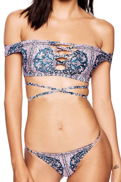 New Fashion Women's Sexy Off the Shoulder Lace-Up Front Tribal Print Bikini