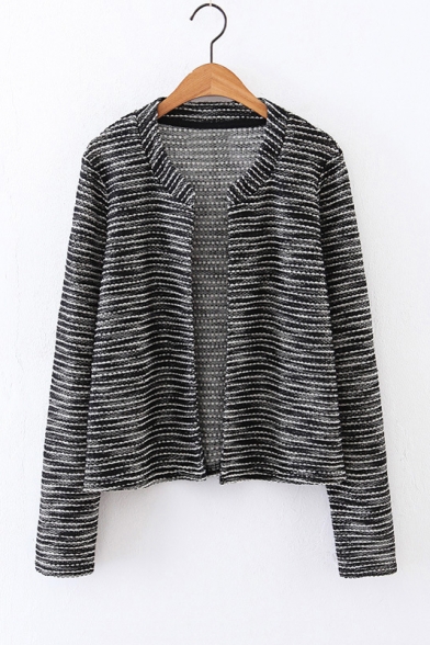 New Spring Round neck Open-Front Long Sleeve Striped Color Block Cardigan
