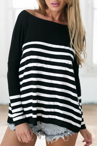 Oversized Black and White Striped Color Block Long Sleeve Tee