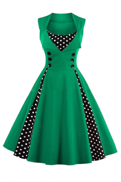 Retro Stylish Scoop Neck Sleeveless Polka Dots Midi Fit & Flare Dress with Button Embellished
