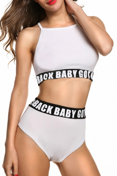 Sexy Strap Back Letter Printed High Waist Bottom Bikinis